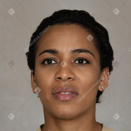 Neutral black young-adult female with short  black hair and brown eyes