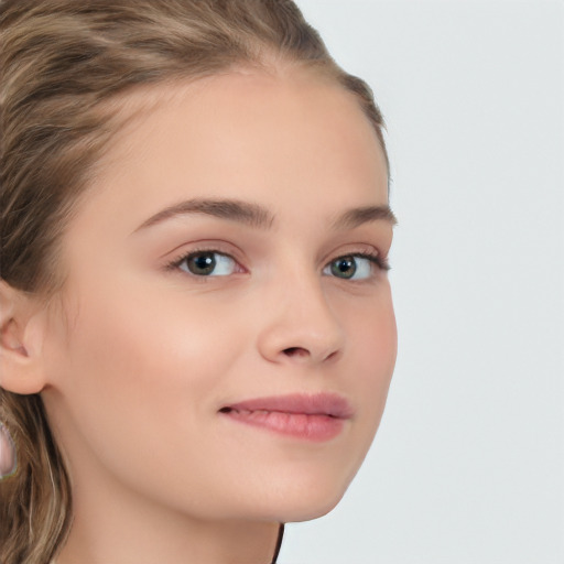 Joyful white child female with medium  brown hair and brown eyes