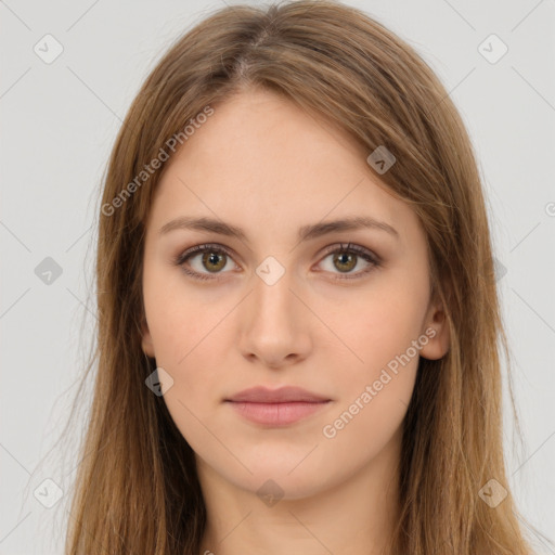 Neutral white young-adult female with long  brown hair and brown eyes