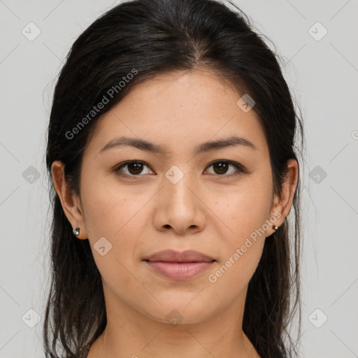 Joyful asian young-adult female with long  brown hair and brown eyes