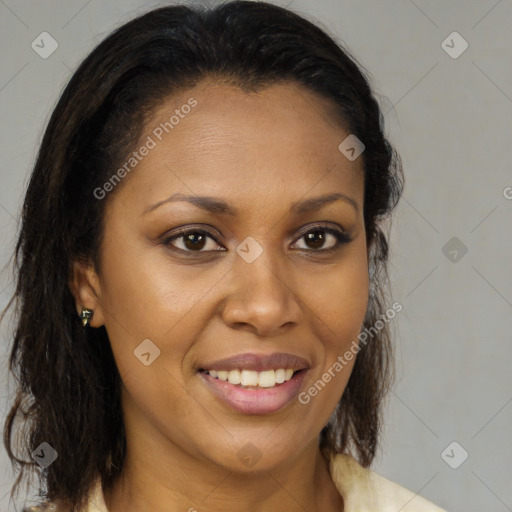 Joyful latino young-adult female with medium  brown hair and brown eyes