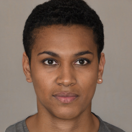 Neutral black young-adult female with short  black hair and brown eyes