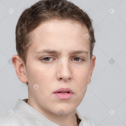 Neutral white young-adult male with short  brown hair and grey eyes