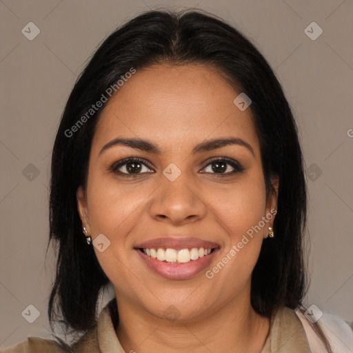 Joyful latino young-adult female with medium  brown hair and brown eyes