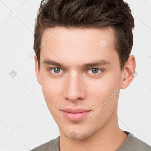 Neutral white young-adult male with short  brown hair and brown eyes