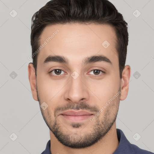 Joyful white young-adult male with short  brown hair and brown eyes