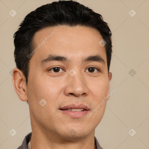 Joyful white young-adult male with short  black hair and brown eyes