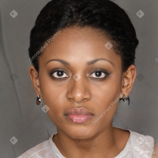 Neutral black young-adult female with short  black hair and brown eyes