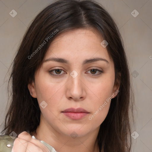 Neutral white young-adult female with medium  brown hair and brown eyes