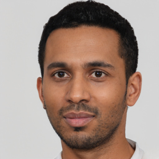Neutral black young-adult male with short  black hair and brown eyes