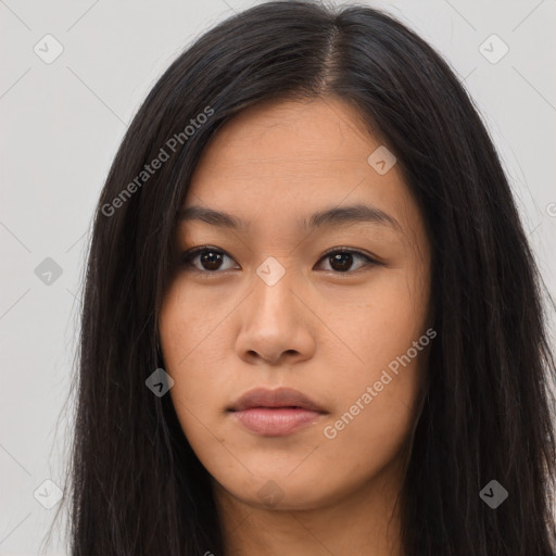 Neutral asian young-adult female with long  brown hair and brown eyes