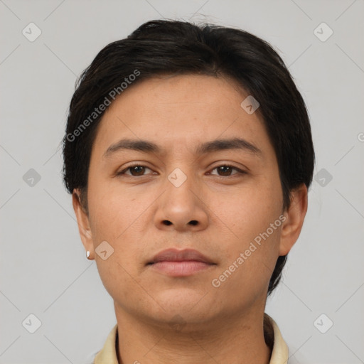 Neutral asian young-adult male with short  brown hair and brown eyes