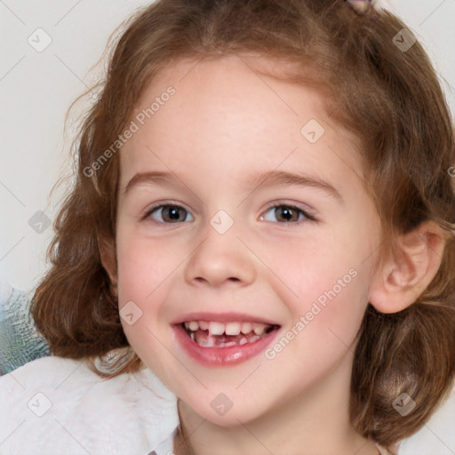 Joyful white child female with medium  brown hair and brown eyes