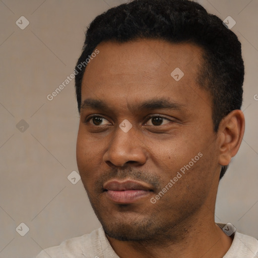 Neutral black young-adult male with short  black hair and brown eyes