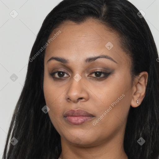 Joyful asian young-adult female with long  brown hair and brown eyes