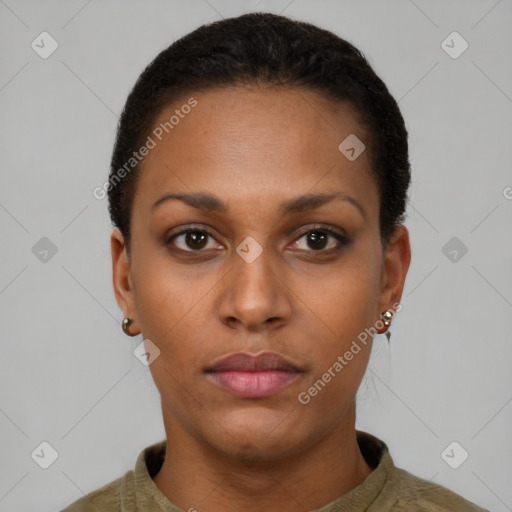 Neutral black young-adult female with short  brown hair and brown eyes