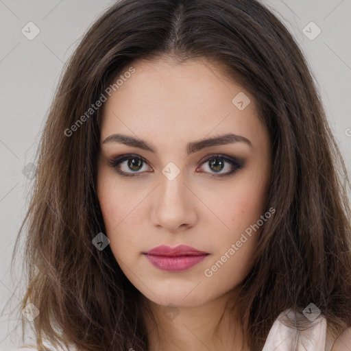 Neutral white young-adult female with long  brown hair and brown eyes