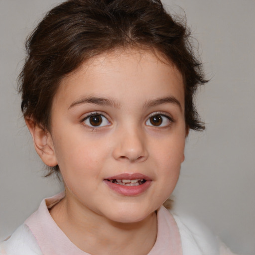 Joyful white child female with medium  brown hair and brown eyes