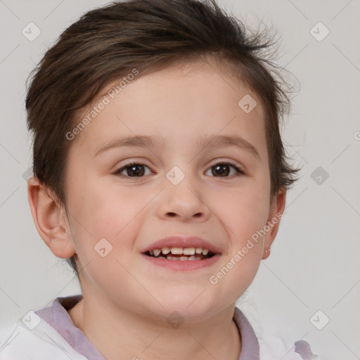 Joyful white child female with short  brown hair and brown eyes