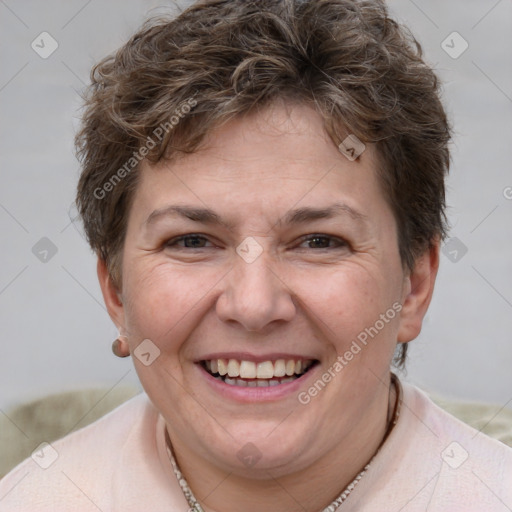 Joyful white adult female with short  brown hair and brown eyes