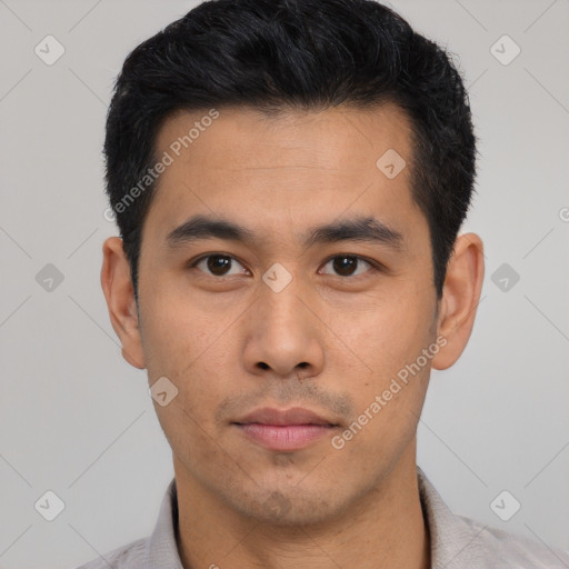 Neutral asian young-adult male with short  black hair and brown eyes