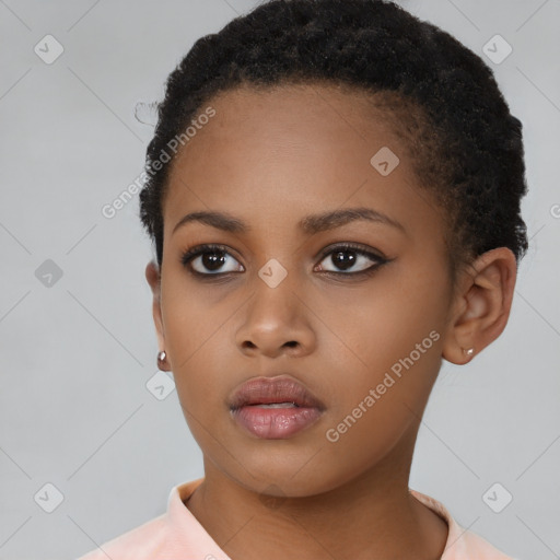 Neutral black young-adult female with short  brown hair and brown eyes