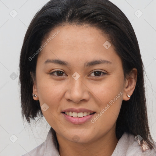 Joyful white young-adult female with medium  brown hair and brown eyes