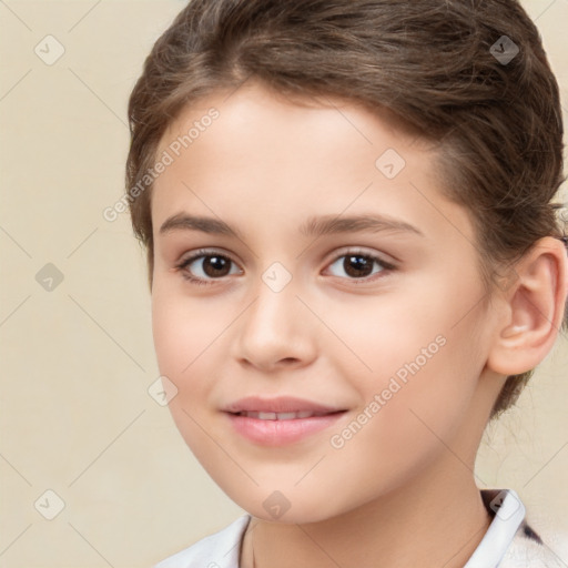 Joyful white child female with medium  brown hair and brown eyes