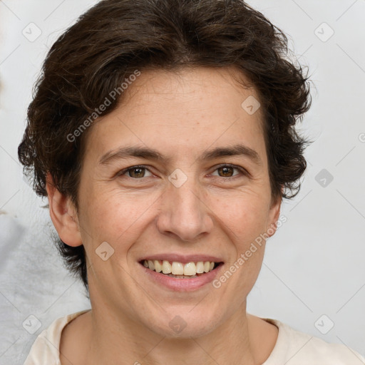 Joyful white adult female with short  brown hair and brown eyes