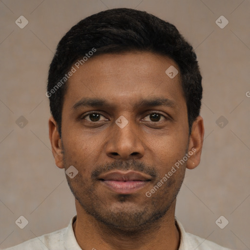 Neutral latino young-adult male with short  black hair and brown eyes