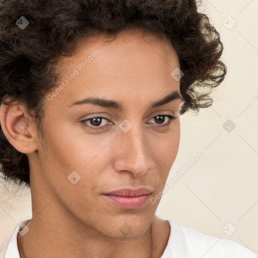 Neutral white young-adult female with short  brown hair and brown eyes