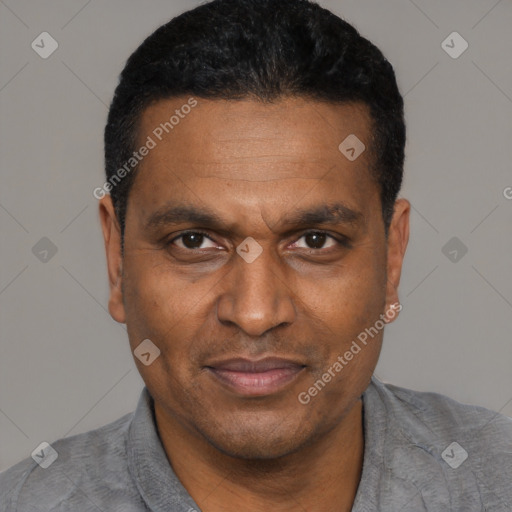 Joyful black adult male with short  black hair and brown eyes