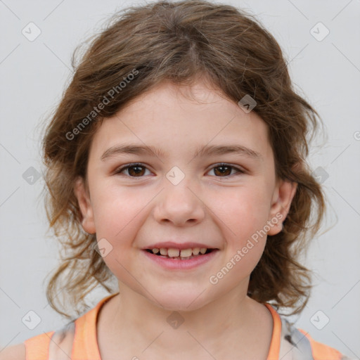 Joyful white child female with medium  brown hair and brown eyes