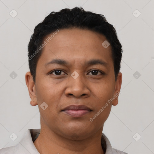 Neutral latino young-adult male with short  black hair and brown eyes