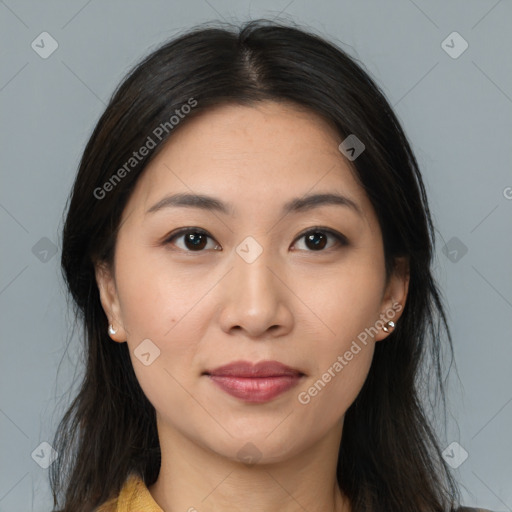 Joyful asian young-adult female with medium  brown hair and brown eyes