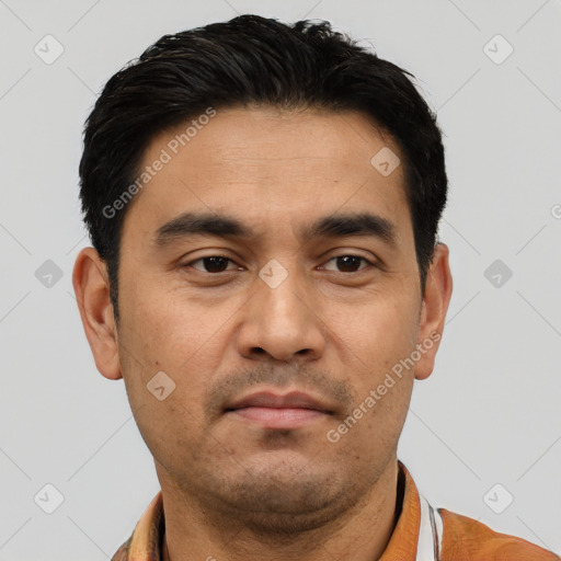 Neutral asian young-adult male with short  black hair and brown eyes