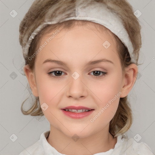 Joyful white child female with medium  brown hair and brown eyes