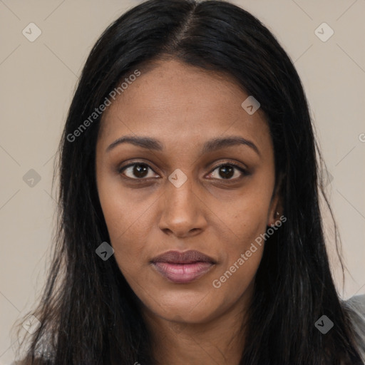 Joyful asian young-adult female with long  black hair and brown eyes