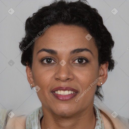 Joyful latino young-adult female with short  brown hair and brown eyes