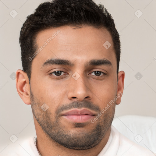 Neutral white young-adult male with short  brown hair and brown eyes