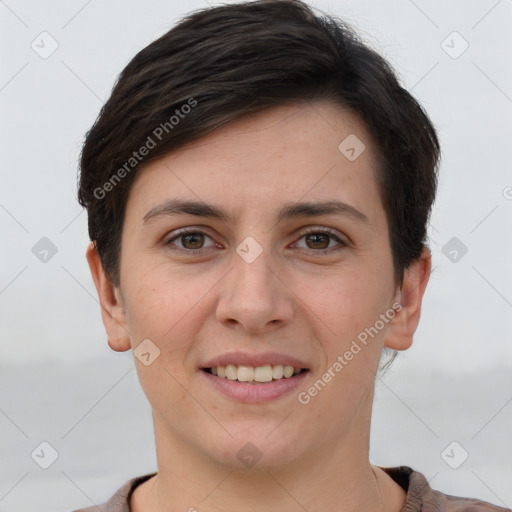 Joyful white young-adult female with short  brown hair and brown eyes