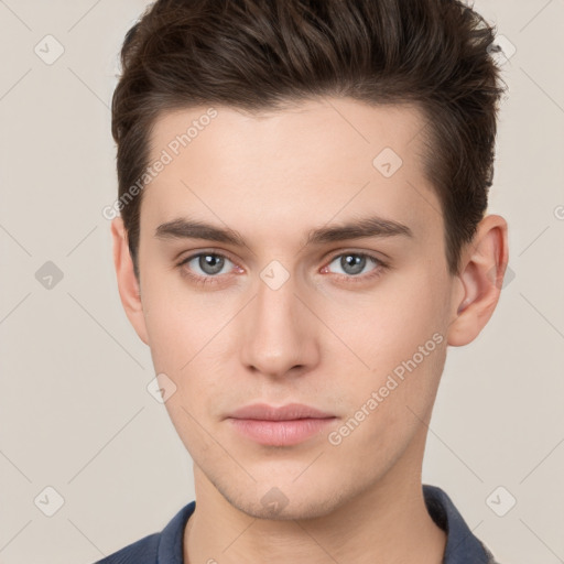 Neutral white young-adult male with short  brown hair and brown eyes