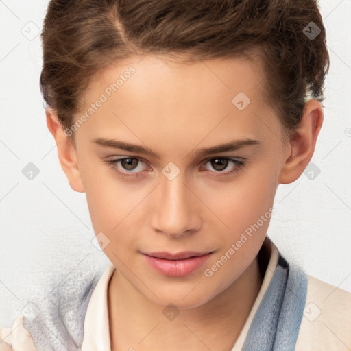 Joyful white child female with short  brown hair and brown eyes