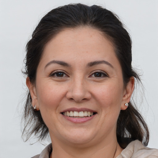 Joyful white adult female with medium  brown hair and brown eyes