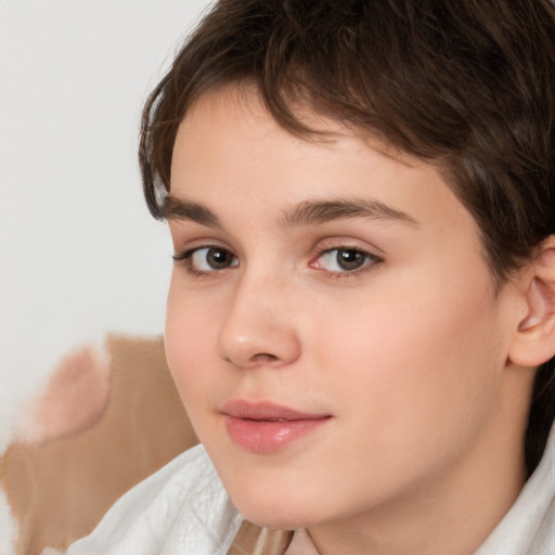 Neutral white young-adult female with short  brown hair and brown eyes