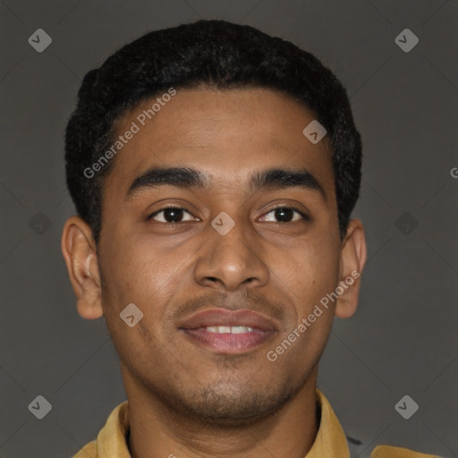 Joyful latino young-adult male with short  brown hair and brown eyes