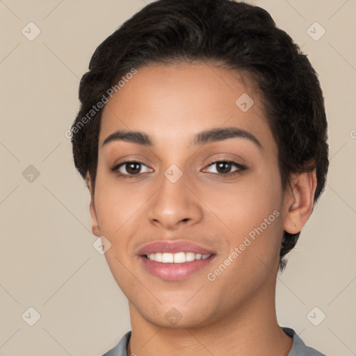 Joyful latino young-adult female with short  brown hair and brown eyes