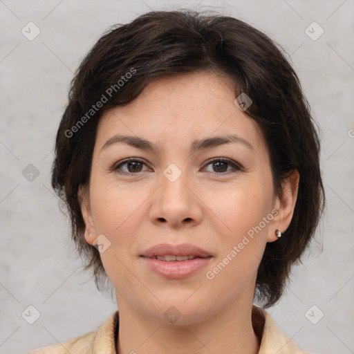 Joyful white young-adult female with medium  brown hair and brown eyes