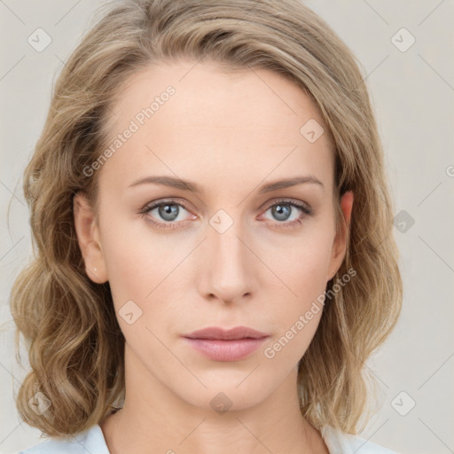 Neutral white young-adult female with medium  brown hair and blue eyes