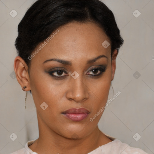 Neutral black young-adult female with short  brown hair and brown eyes